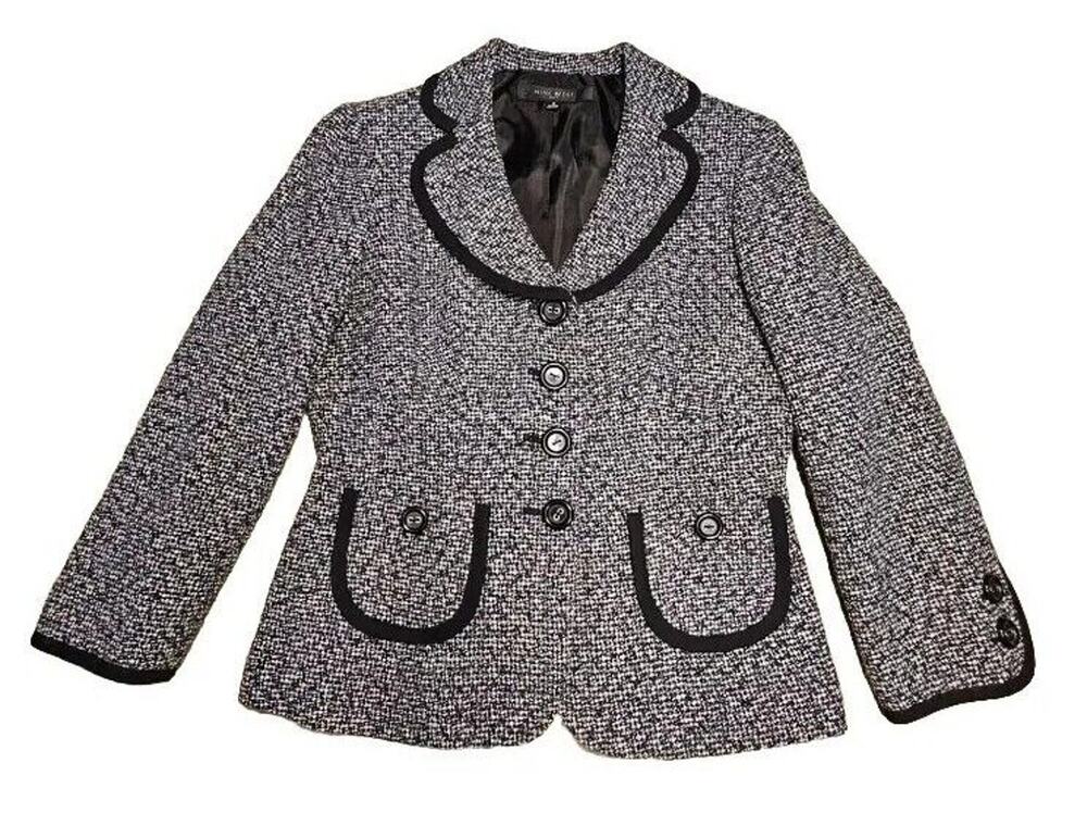 Nine West Jacket Blazer Sz 2 Black & White Tweed Womens Button Down Career Y2K